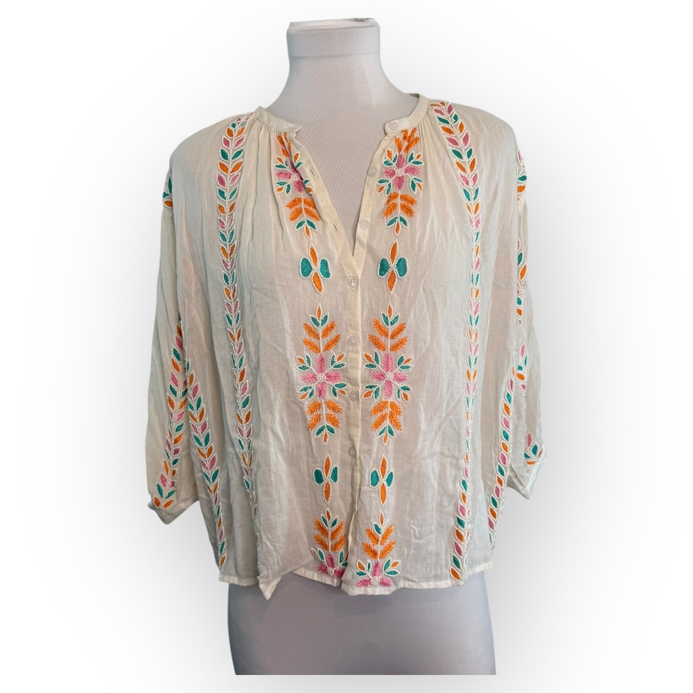 Antik Batik Minko‎ Blouse Beading Flower Embroidery Button Down XS